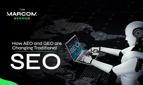 Robot using laptop showing SEO concept with world map background, representing AEO and GEO impact on modern search optimization