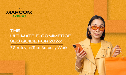Ultimate e-commerce SEO guide for 2026 featuring 7 effective strategies with a woman holding a smartphone and shopping bag on an orange background
