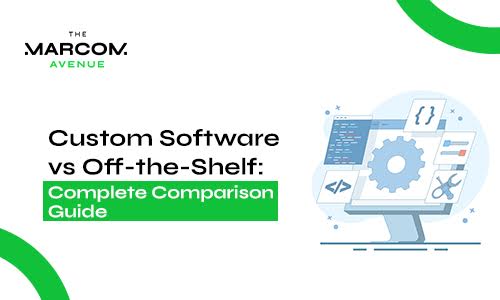 Custom software vs off-the-shelf comparison guide with computer, code, and gear illustration