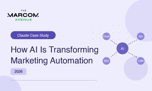 How AI is transforming marketing automation case study banner featuring AI connecting email, ads, SEO, and CRM in a modern digital marketing workflow (2026)