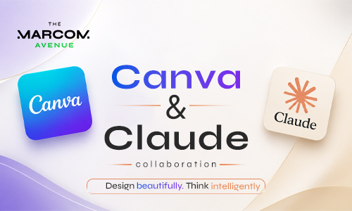 Promotional graphic showing Canva and Claude collaboration with both app logos on a soft gradient background. Large text reads ‘Canva & Claude collaboration’ with the tagline ‘Design beautifully. Think intelligently’ and The Marcom Avenue