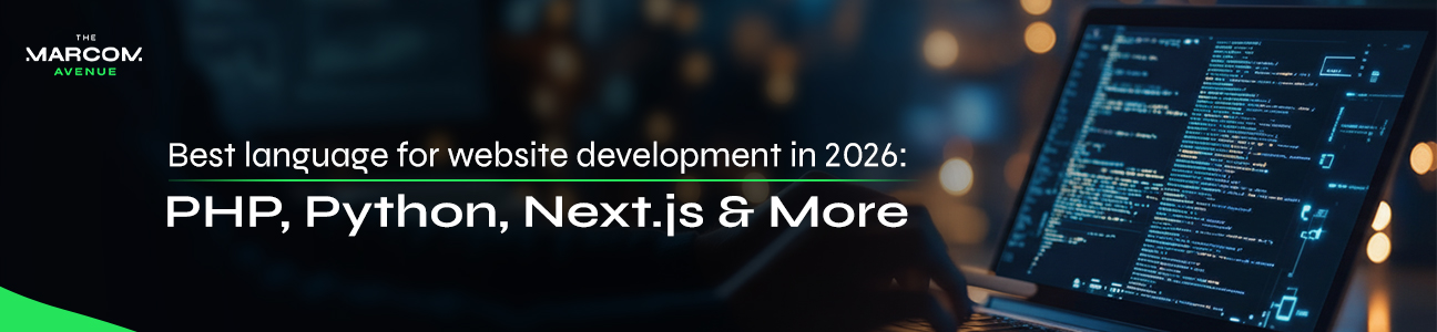 Best programming languages for website development in 2026 including PHP, Python and Next.js displayed on laptop coding screen desktop featured image