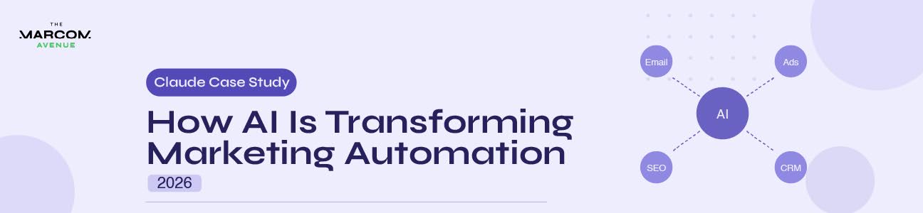 How AI is transforming marketing automation case study banner featuring AI connecting email, ads, SEO, and CRM in a modern digital marketing workflow (2026)