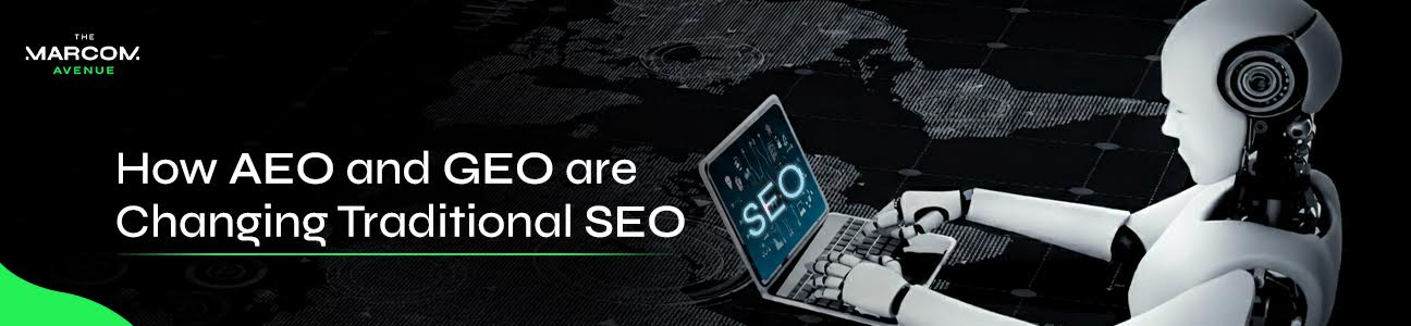 Robot using laptop showing SEO concept with world map background, representing AEO and GEO impact on modern search optimization