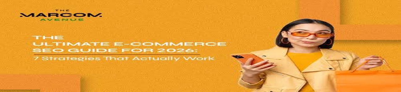 Ultimate e-commerce SEO guide for 2026 featuring 7 effective strategies with a woman holding a smartphone and shopping bag on an orange background