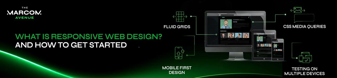 What is responsive web design banner explaining mobile first design, fluid grids, and CSS media queries